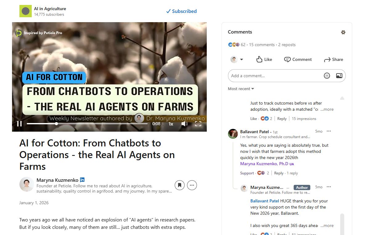 Screenshot of the AI in Agriculture LinkedIn newsletter post titled AI for Cotton: From Chatbots to Operations, the Real AI Agents on Farms, authored by Dr Maryna Kuzmenko.