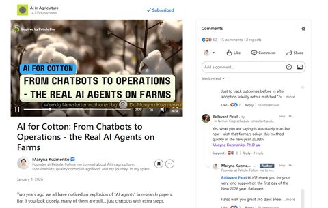 Screenshot of the AI in Agriculture LinkedIn newsletter post titled AI for Cotton: From Chatbots to Operations, the Real AI Agents on Farms, authored by Dr Maryna Kuzmenko.