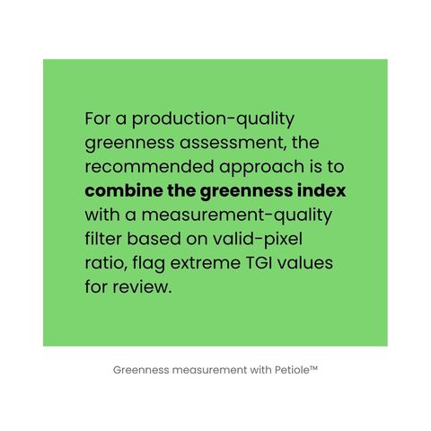 Green recommendation card: for a production-quality greenness assessment, combine the greenness index with a measurement-quality filter based on valid-pixel ratio and flag extreme TGI values for review.