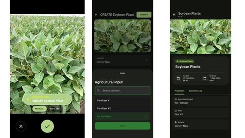 Three Petiole Spruce app screens: a soybean canopy photo with an instant action button reading CREATE Soybean Plant, a CREATE Soybean Plant form with Variety and Agricultural Input fields showing Fertiliser #1, Fertiliser #2 and No Fertilizer options, and a Soybean Plants record showing agricultural input, plot and variety properties.
