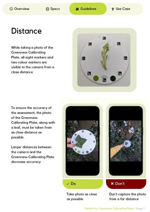 Do and Don't comparison for distance: a close-up smartphone photo of a leaf on the plate with all markers visible versus a distant photo where the plate is small in the frame.