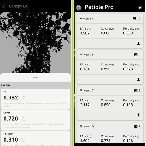 Petiole Pro viticulture app showing a binarised Canopy LAI image alongside a list of vineyards A–D with average LAIe, cover and porosity.
