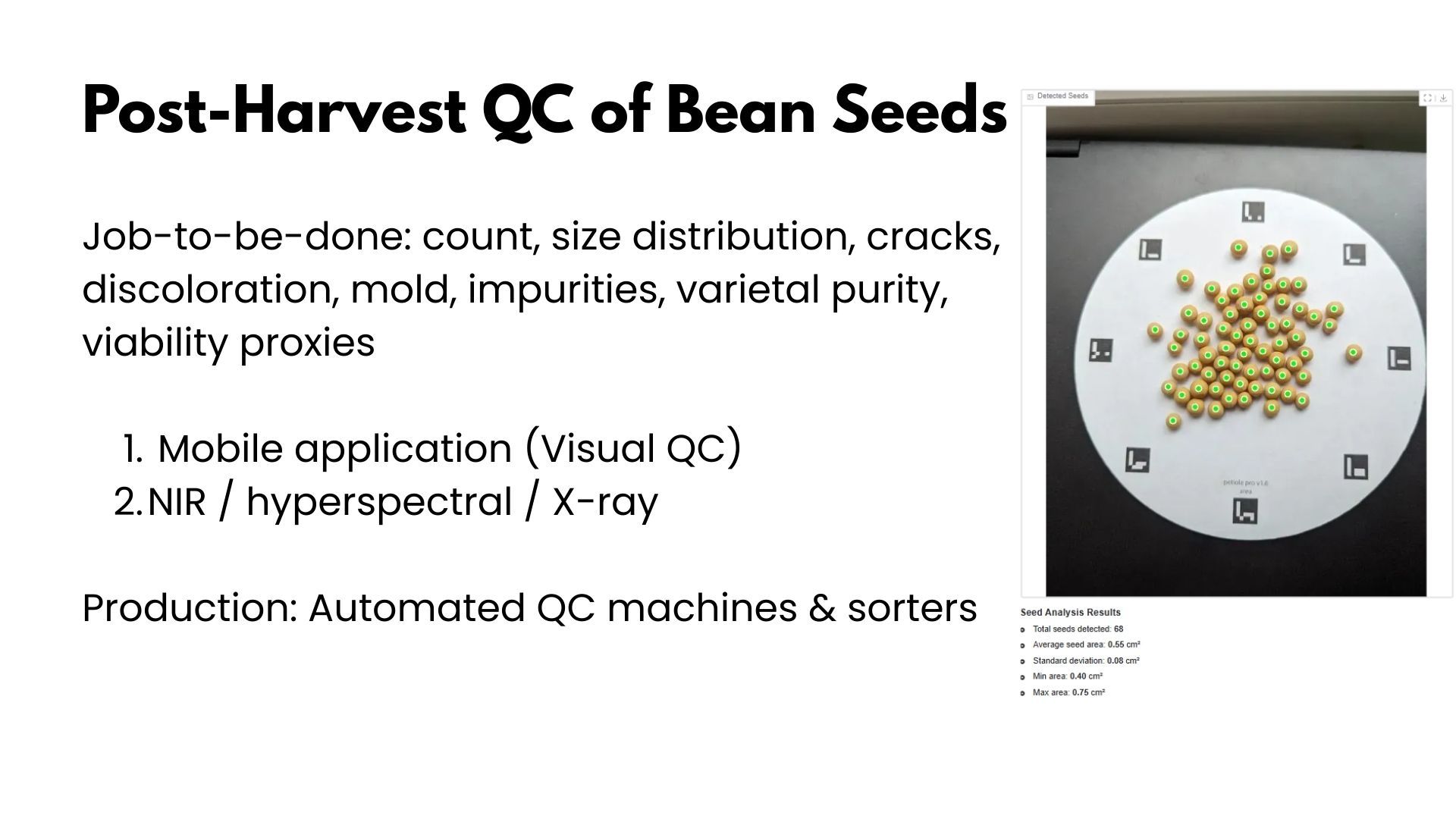 Slide titled Post-Harvest QC of Bean Seeds listing mobile application visual QC and NIR / hyperspectral / X-ray, beside a screenshot of soybean seeds on a calibration plate with each seed marked, and results reading total seeds detected 68, average seed area 0.55 square centimetres, standard deviation 0.08, min area 0.40, max area 0.75.