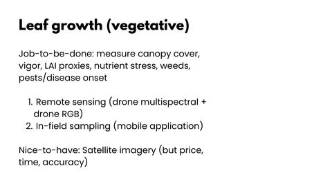 Slide titled Leaf growth (vegetative) listing the job to be done as canopy cover, vigor, LAI proxies, nutrient stress, weeds, pests and disease onset, with remote sensing and in-field sampling as methods and satellite imagery as nice-to-have.