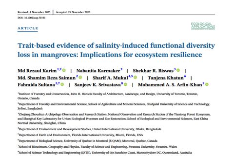 Title page of the Ecological Applications article Trait-based evidence of salinity-induced functional diversity loss in mangroves, listing the nine authors and their institutions.