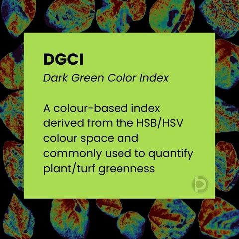 Card defining DGCI, the Dark Green Colour Index, as a colour-based index derived from the HSB/HSV colour space and commonly used to quantify plant and turf greenness.