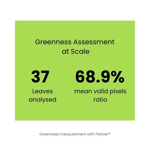 Statement card reading: Greenness Assessment at Scale — 37 leaves analysed, 68.9% mean valid pixels ratio.