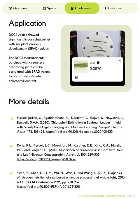 Application page showing a Petiole Pro DGCI measurement of 0.3870 and explaining that DGCI values have a significant linear relationship with SPAD values, with supporting scientific references.