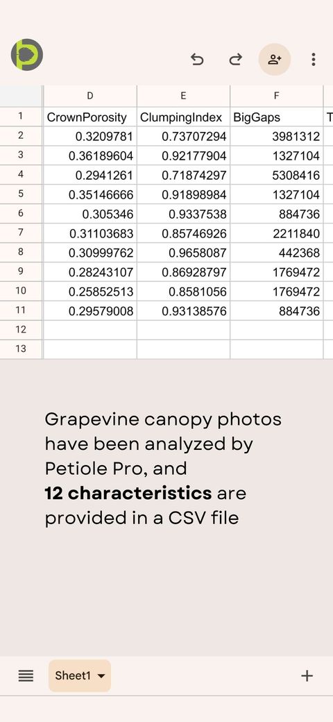 A CSV spreadsheet of grapevine canopy results with CrownPorosity, ClumpingIndex and BigGaps columns produced by Petiole Pro.