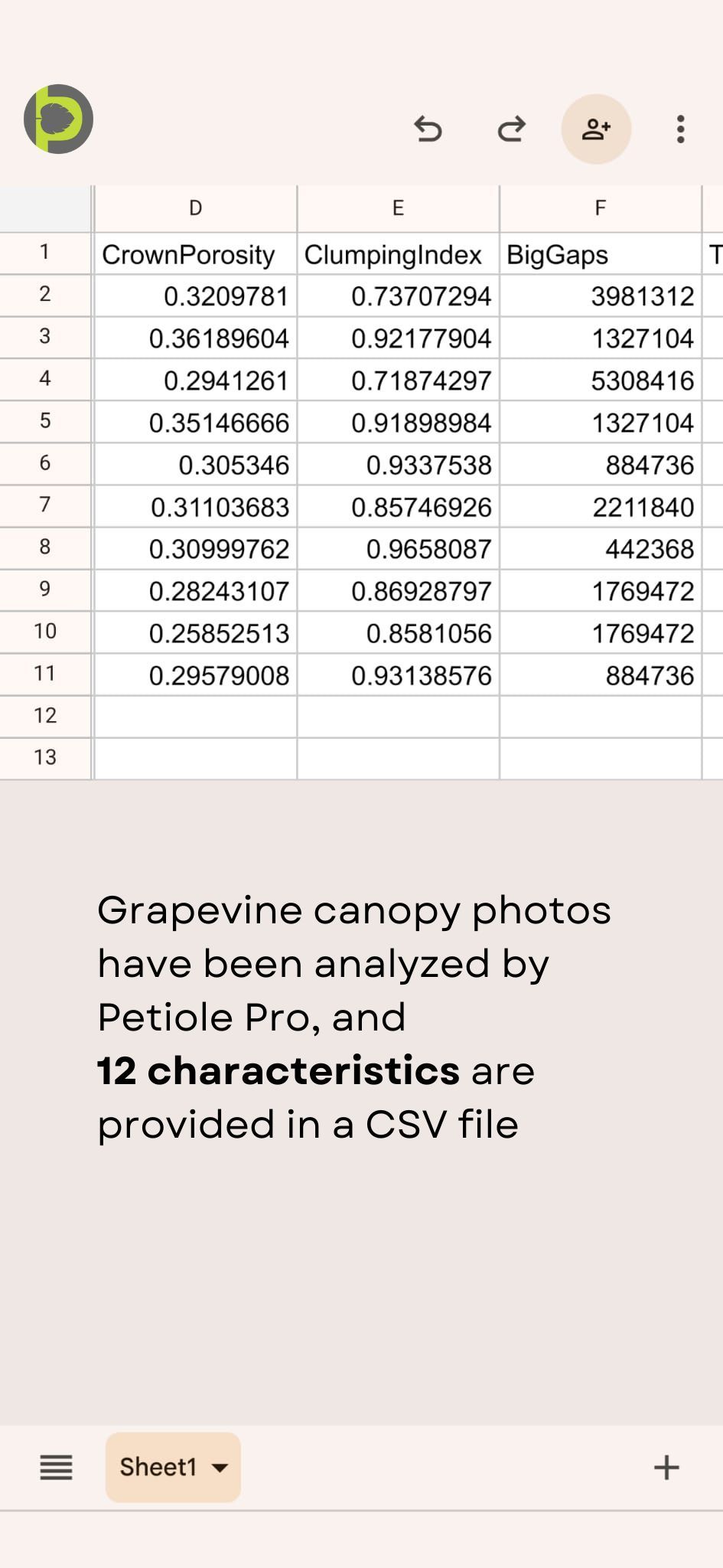 A CSV spreadsheet of grapevine canopy results with CrownPorosity, ClumpingIndex and BigGaps columns produced by Petiole Pro.