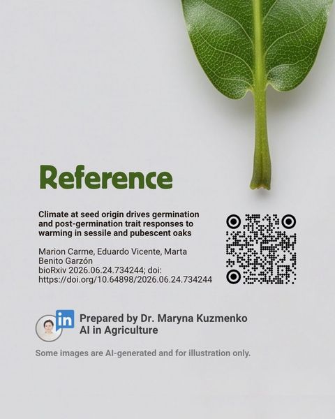 Reference card for the study 'Climate at seed origin drives germination and post-germination trait responses to warming in sessile and pubescent oaks' by Carme, Vicente and Benito Garzón, bioRxiv 2026, with a QR code.