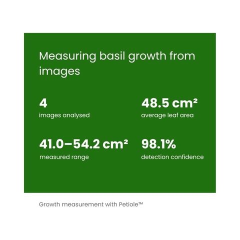 Summary card titled ‘Measuring basil growth from images’ showing 4 images analysed, 48.5 cm² average leaf area, 41.0–54.2 cm² measured range, and 98.1% detection confidence.