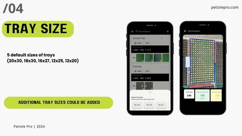 Petiole Pro slide titled 'Tray size' listing five default tray sizes (20x30, 18x30, 16x27, 12x25, 12x20), with a phone screen showing the tray size selector, and a note that additional tray sizes could be added.
