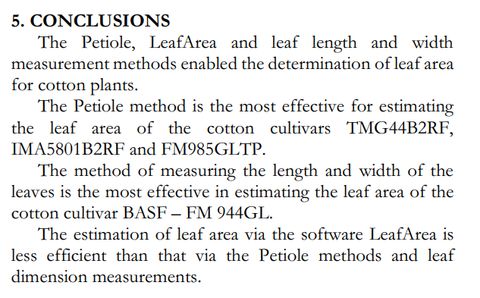 The paper's conclusions section, stating the Petiole method is the most effective for estimating the leaf area of the cotton cultivars TMG44B2RF, IMA5801B2RF and FM985GLTP.