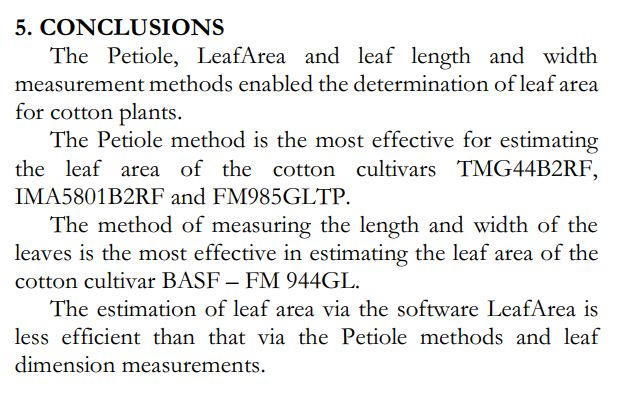 The paper's conclusions section, stating the Petiole method is the most effective for estimating the leaf area of the cotton cultivars TMG44B2RF, IMA5801B2RF and FM985GLTP.