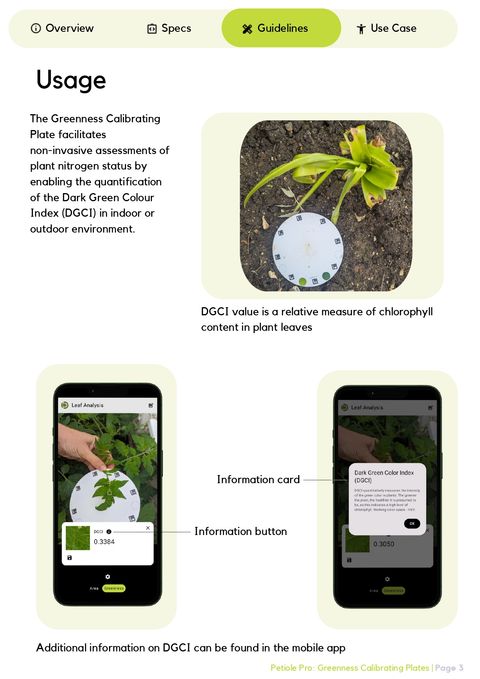 Petiole Pro app screens showing a leaf measured against the Greenness Calibrating Plate with a DGCI value of 0.3384 and an information card defining the Dark Green Color Index.