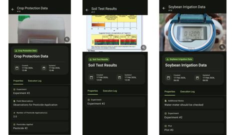 Three app record screens: Crop Protection Data showing 3.0 pesticide applications and Pesticide #2 for Experiment #2, Soil Test Results attached to Experiment #2, and Soybean Irrigation Data showing a water meter photo, the note water meter should be checked, Experiment #2 and Plot #3.