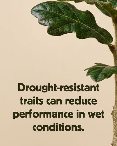Young oak seedling against a warm beige background with the caption 'Drought-resistant traits can reduce performance in wet conditions.'