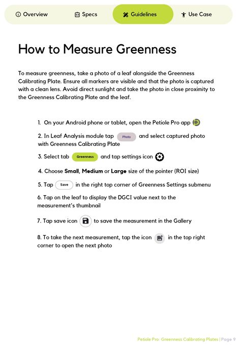 Numbered eight-step instruction for measuring greenness in the Petiole Pro app, from opening the app to saving DGCI measurements and loading the next photo.