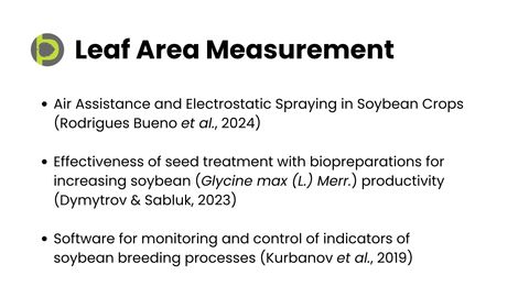 Slide titled Leaf Area Measurement listing the same three soybean research papers: Rodrigues Bueno et al. 2024, Dymytrov and Sabluk 2023, and Kurbanov et al. 2019.