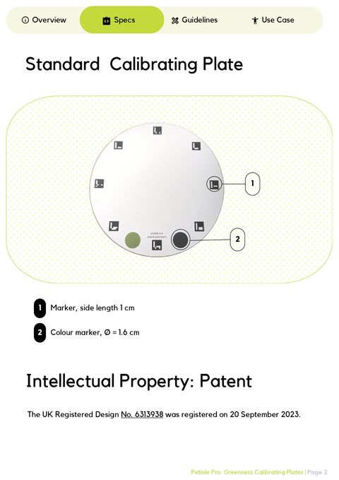 Diagram of the standard Greenness Calibrating Plate labelling the 1 cm ArUco markers and the 1.6 cm diameter green colour markers, alongside its UK Registered Design number 6313938.