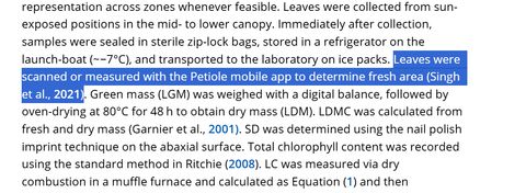 Highlighted passage from the paper's methods section reading: Leaves were scanned or measured with the Petiole mobile app to determine fresh area (Singh et al., 2021).