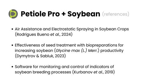 Slide titled Petiole Pro plus Soybean references, listing three research papers: Rodrigues Bueno et al. 2024, Dymytrov and Sabluk 2023, and Kurbanov et al. 2019.