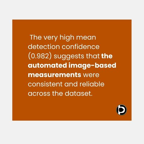 An orange statement card reading that the very high mean detection confidence of 0.982 suggests the automated image-based measurements were consistent and reliable across the dataset.