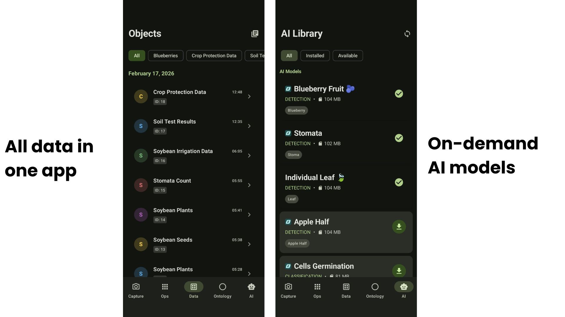 Two app screens labelled All data in one app and On-demand AI models: an Objects list showing Crop Protection Data, Soil Test Results, Soybean Irrigation Data, Stomata Count, Soybean Plants and Soybean Seeds records from February 17 2026, and an AI Library showing installable models for Blueberry Fruit, Stomata, Individual Leaf, Apple Half and Cells Germination.
