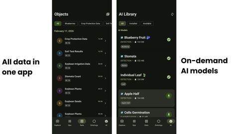Two app screens labelled All data in one app and On-demand AI models: an Objects list showing Crop Protection Data, Soil Test Results, Soybean Irrigation Data, Stomata Count, Soybean Plants and Soybean Seeds records from February 17 2026, and an AI Library showing installable models for Blueberry Fruit, Stomata, Individual Leaf, Apple Half and Cells Germination.