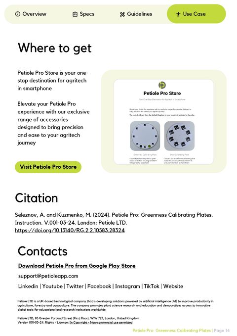 Closing page of the Petiole Pro Greenness Calibrating Plates instruction showing the Petiole Pro Store, the full citation, and company contact details.