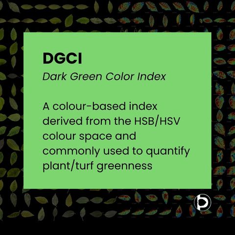Card defining DGCI, the Dark Green Colour Index, as a colour-based index derived from the HSB/HSV colour space and commonly used to quantify plant and turf greenness.
