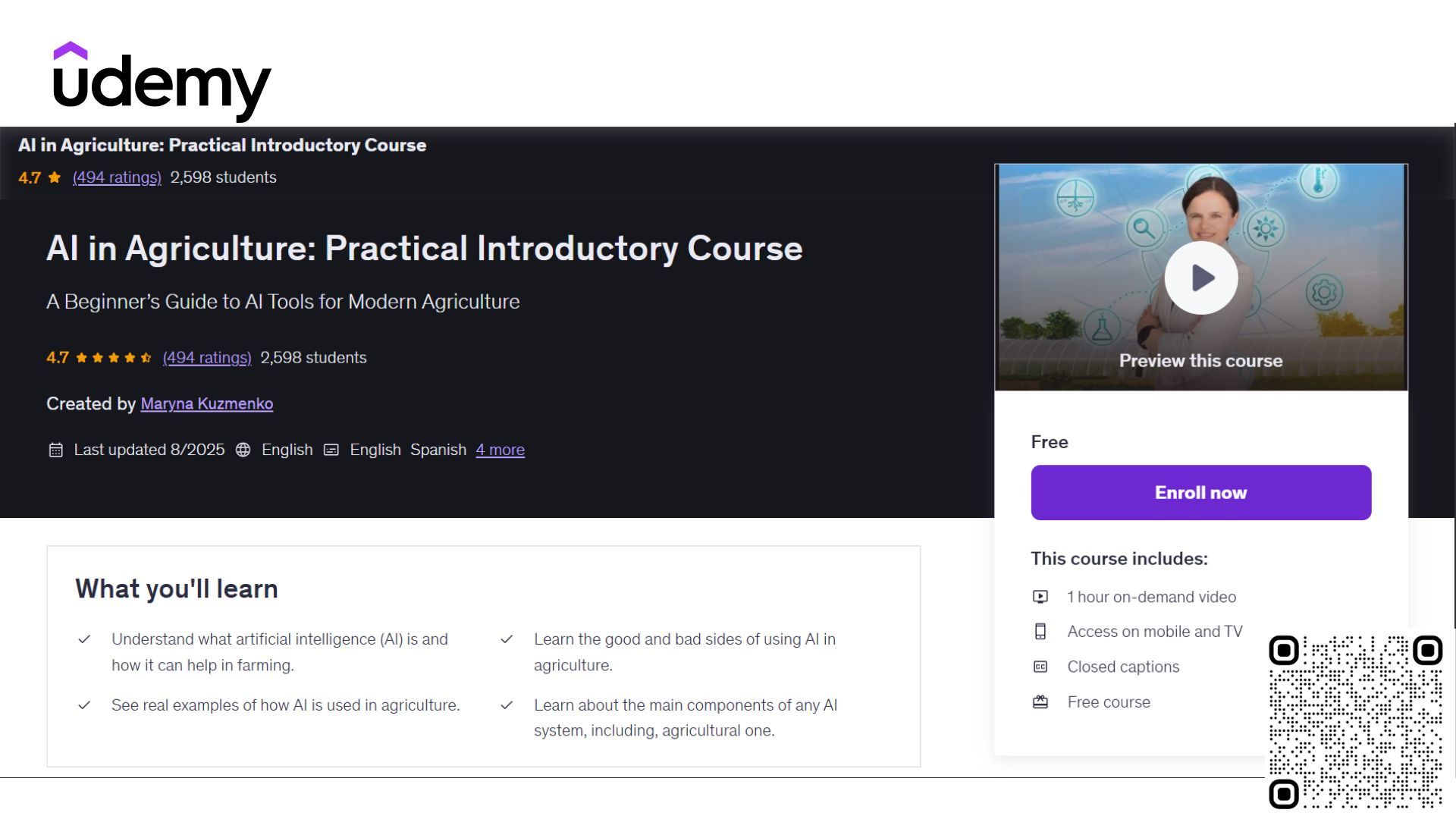 Udemy course page for AI in Agriculture: Practical Introductory Course by Maryna Kuzmenko, rated 4.7 from 494 ratings with 2,598 students, listed as free with one hour of on-demand video.