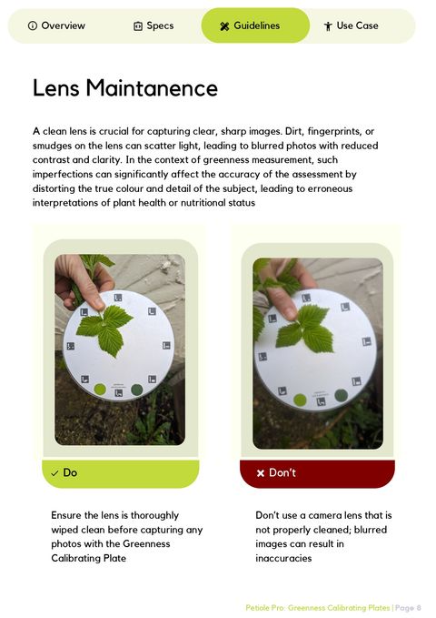 Do and Don't comparison for lens cleanliness: a sharp photo of a leaf on the plate taken with a clean lens versus a blurred photo from a smudged lens.