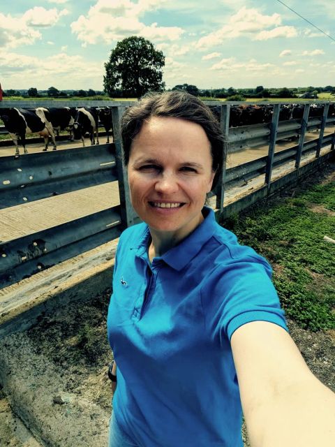 Dr. Maryna Kuzmenko, founder of MooMore, standing beside the cow track at the pilot dairy farm in Staffordshire.