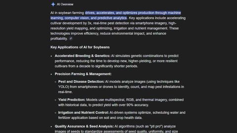 Screenshot of an AI Overview answer describing AI in soybean farming, listing accelerated breeding and genetics, pest and disease detection, yield prediction and seed analysis.