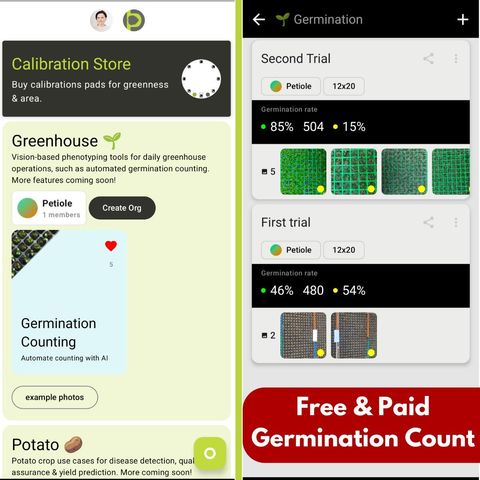 Petiole Pro screens showing germination counting trials with germination rates of 85% and 46% across two seed batches.
