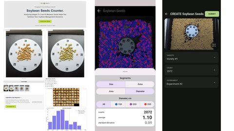 Three panels: a Soybean Seeds Counter web tool showing seeds on a calibration plate with detected seeds marked and a seed area distribution histogram; a phone screen with 2,072 seeds segmented by diameter; and a CREATE Soybean Seeds screen with fields for Variety #1, Count 2072 and Experiment #2.