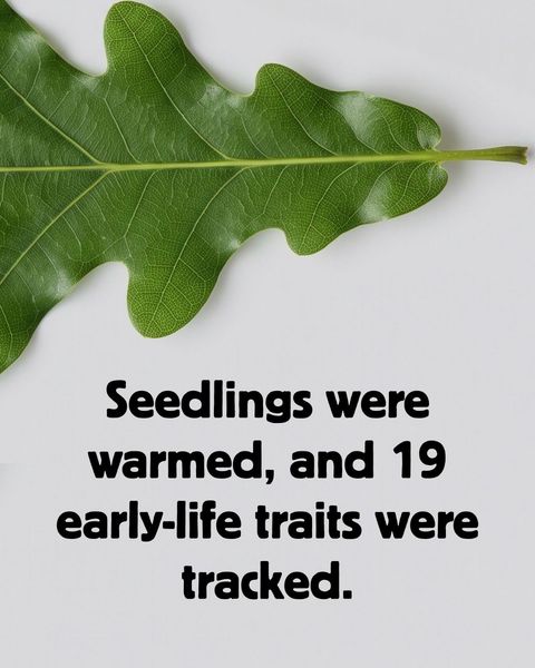 Backlit green oak leaf with the caption 'Seedlings were warmed, and 19 early-life traits were tracked.'