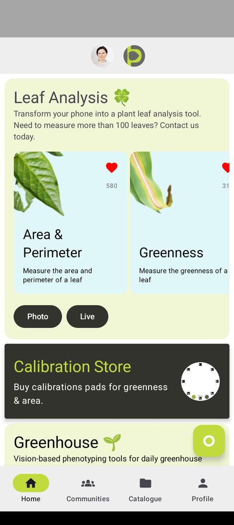 Petiole Pro app home screen showing Leaf Analysis with Area & Perimeter and Greenness cards, a Calibration Store banner, and a Greenhouse section.