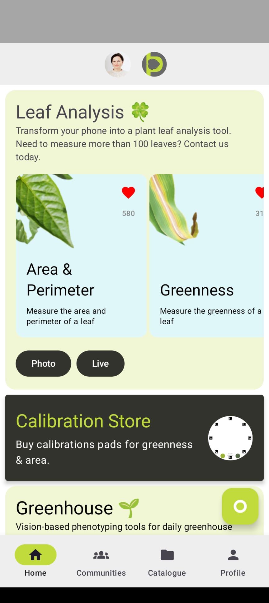Petiole Pro app home screen showing Leaf Analysis with Area & Perimeter and Greenness cards, a Calibration Store banner, and a Greenhouse section.