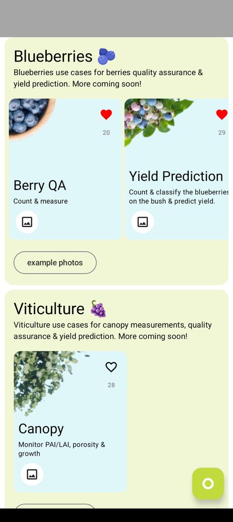 Petiole Pro catalogue screen showing Blueberries modules (Berry QA, Yield Prediction) and a Viticulture Canopy module.