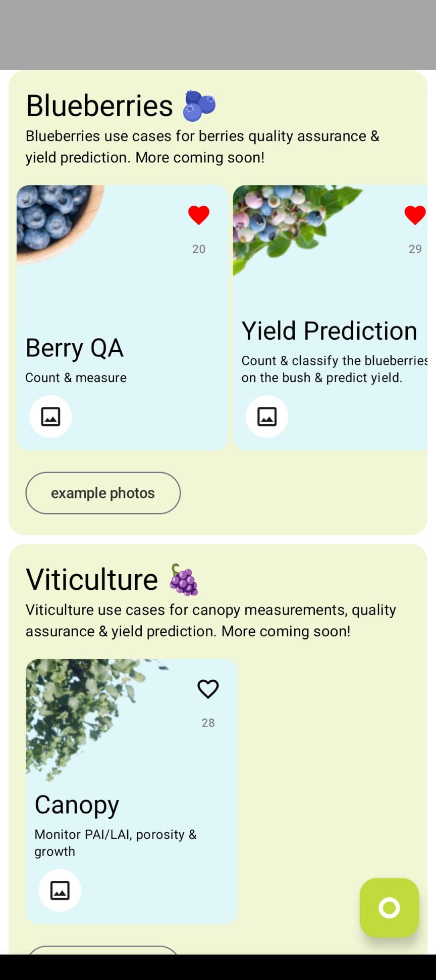 Petiole Pro catalogue screen showing Blueberries modules (Berry QA, Yield Prediction) and a Viticulture Canopy module.