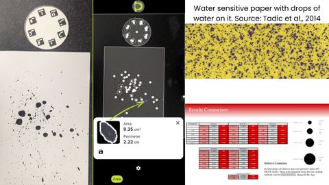 Three panels: a sheet of paper with dark spray droplets beside a Petiole Pro calibration plate; the app measuring one droplet at 0.35 square centimetres; and a reference figure of yellow water-sensitive paper covered in purple droplets, credited to Tadic et al. 2014, with a results comparison table of planimeter, scanner and app measurements.