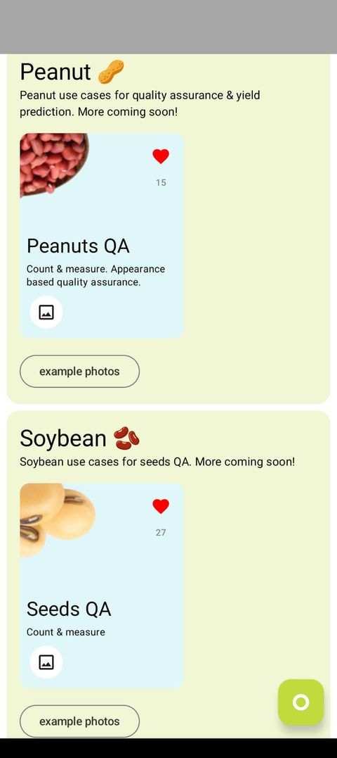 Petiole Pro catalogue screen showing a Peanut Peanuts QA module and a Soybean Seeds QA module.