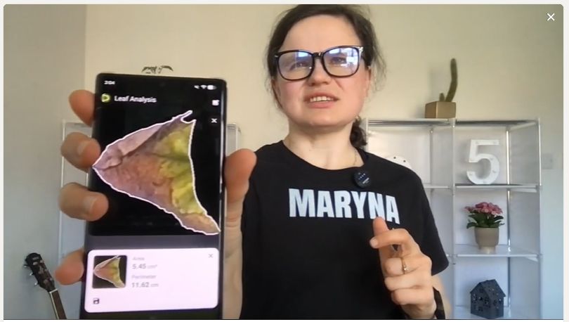 Dr Maryna Kuzmenko holding a phone showing the necrotic brown portion of the leaf measured at 5.45 cm².