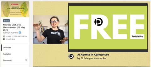 LinkedIn Live event page titled Necrotic Leaf Area Measurement by Dr Maryna Kuzmenko, marked Ended, with a FREE AI Agents in Agriculture slide.