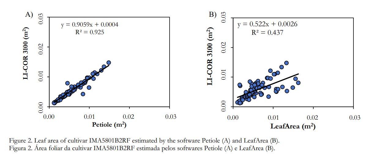 Two scatter plots for cultivar IMA5801B2RF: Petiole versus LI-COR 3100 with R squared 0.925, and LeafArea versus LI-COR 3100 with R squared 0.437.