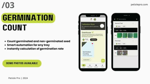 Petiole Pro slide titled 'Germination count': count germinated and non-germinated seed, smart automation for any tray, instant calculation of germination rate, demo photos available.