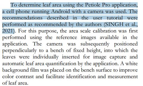 Excerpt from the paper's methods section describing how leaf area was determined using the Petiole Pro application, including area scale calibration and a white background film.